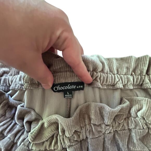 Chocolate‎ USA Wide Leg Ribbed Velvet Pants Taupe Shimmer Soft Stretch Lounge L - Picture 2 of 8